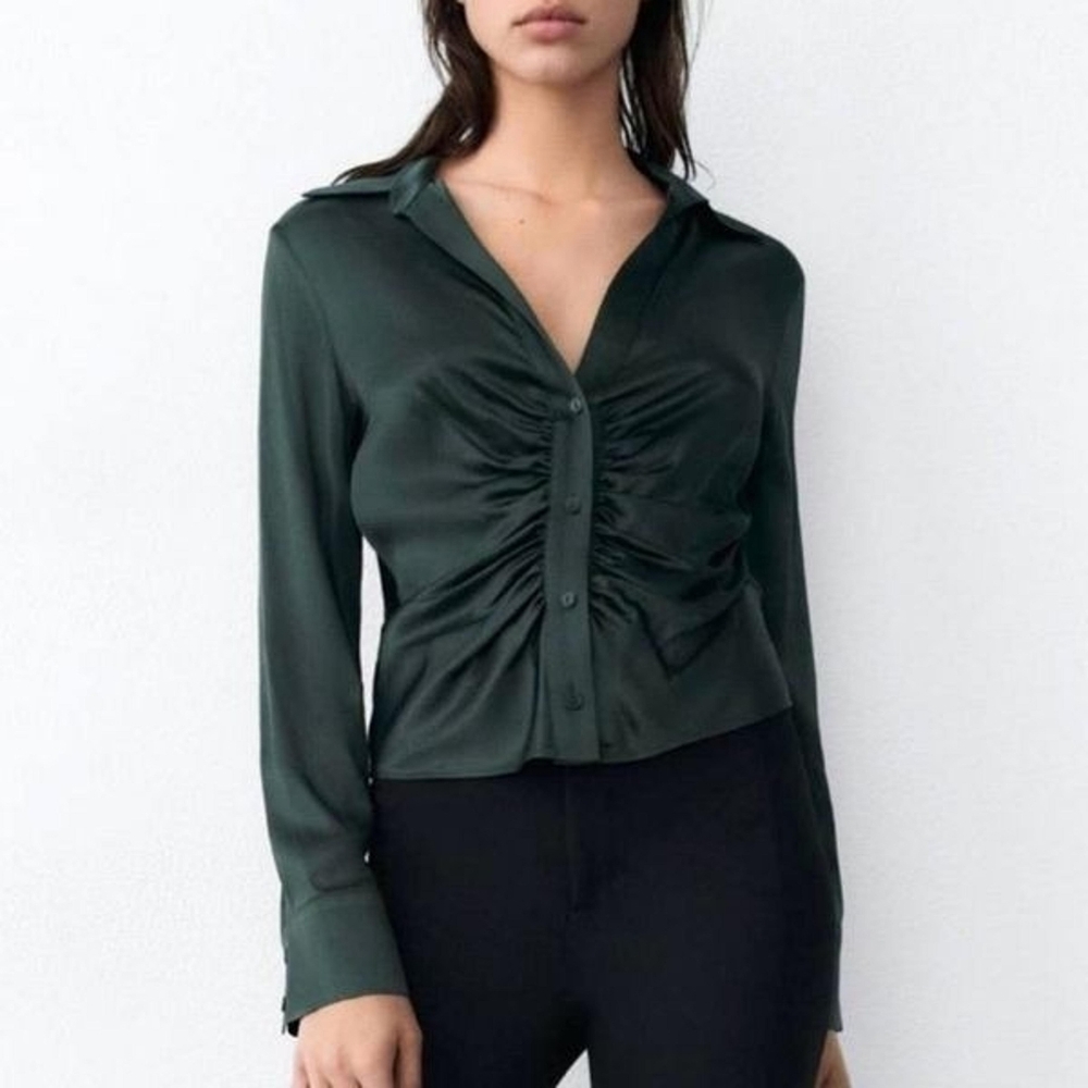 NWOT Zara Satin Effect Blouse - Large| Color: Green